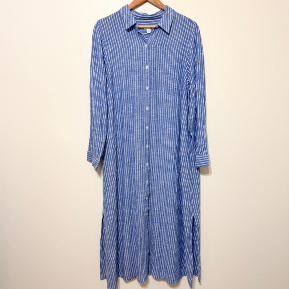 J. Jill Dresses & Skirts - J. Jill Linen Button Down Shirt Dress Size Large Striped Midi Blue Beach